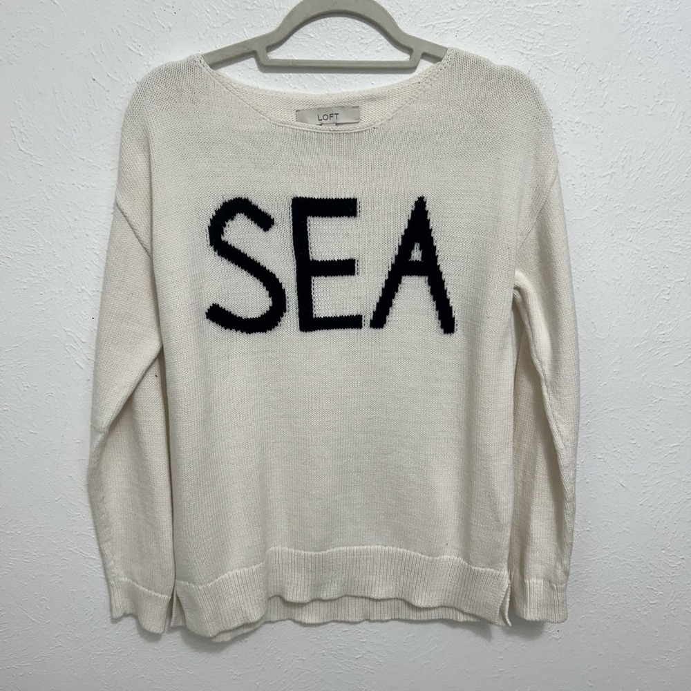 Ann Taylor Loft Pullover Sweater Spellout SEA Print Knit Ecru White Nautical Med